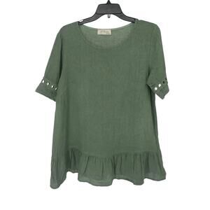 La Contessa Green Linen Ruffle Hem Top – Made in Italy – Eyelet Sleeve Detail